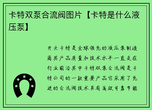 卡特双泵合流阀图片【卡特是什么液压泵】